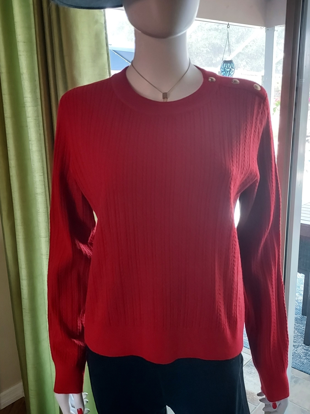 Michael Kors Red Cable Crewneck Sweater with Gold Shoulder Buttons: Size L: NWT